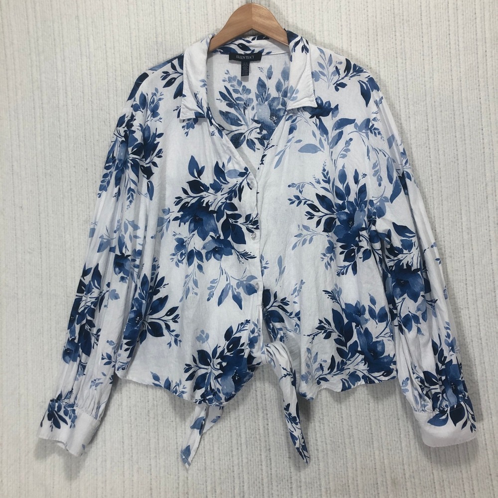 Ellen Tracy Womens XL Floral Print Tie Front Long Sleeve Button Down Shirt - Picture 3 of 9